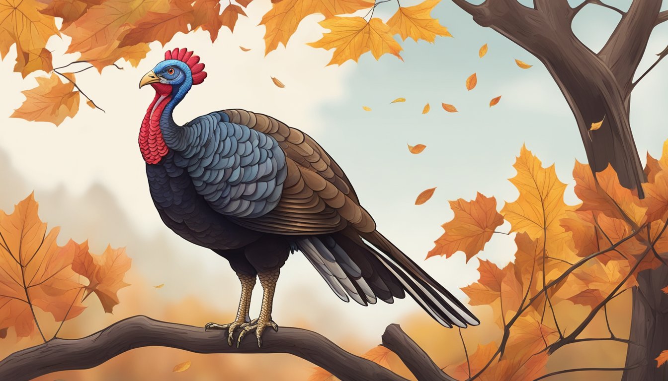 A turkey perched on a tree branch, surrounded by autumn leaves and a distant forest