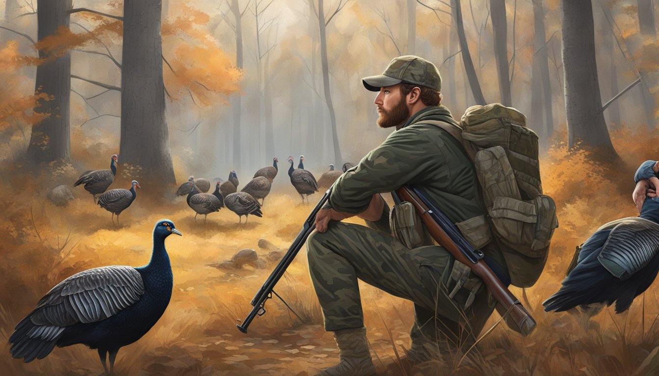 A hunter in camouflage waits in a wooded area, shotgun at the ready, as wild turkeys roam in the distance