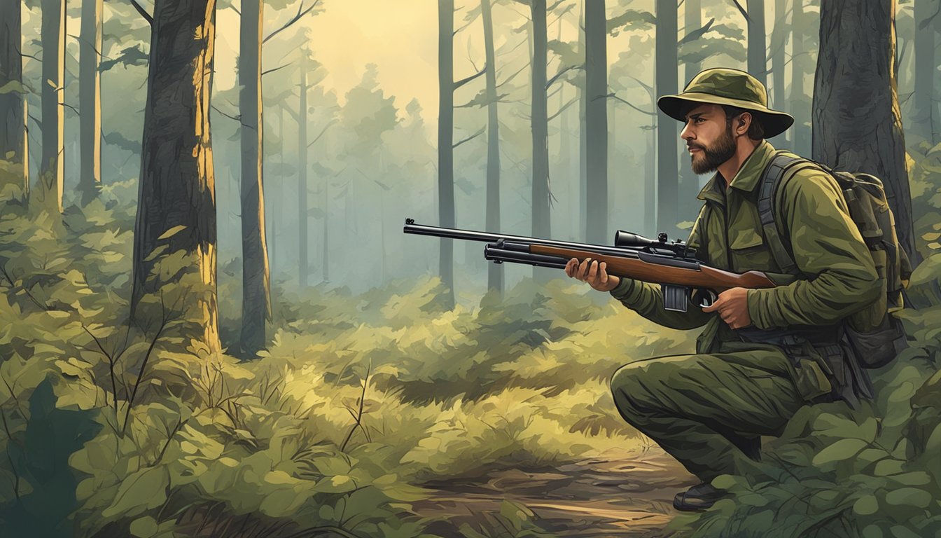 A hunter gathering camouflage gear and a shotgun in a forest clearing