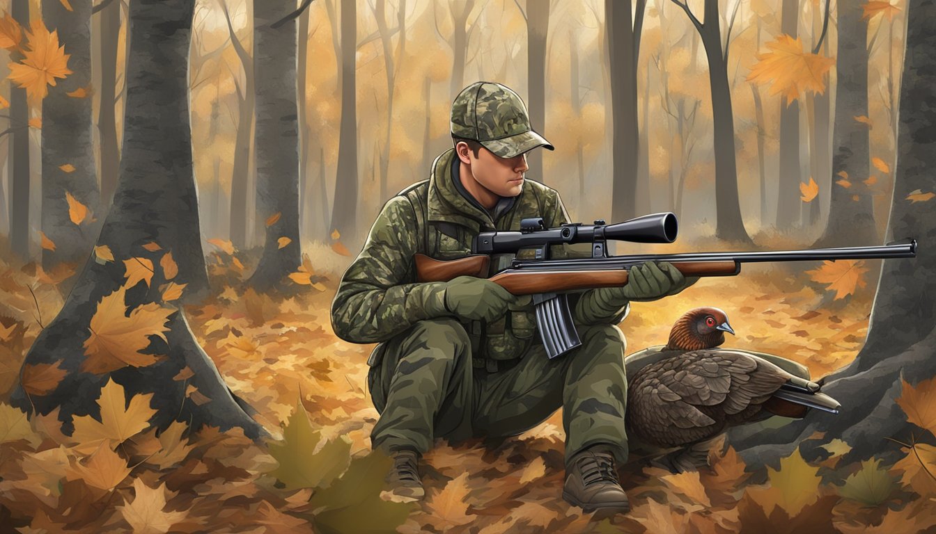 A hunter in camouflage with a shotgun and turkey decoys in a wooded area with fallen leaves and dense underbrush