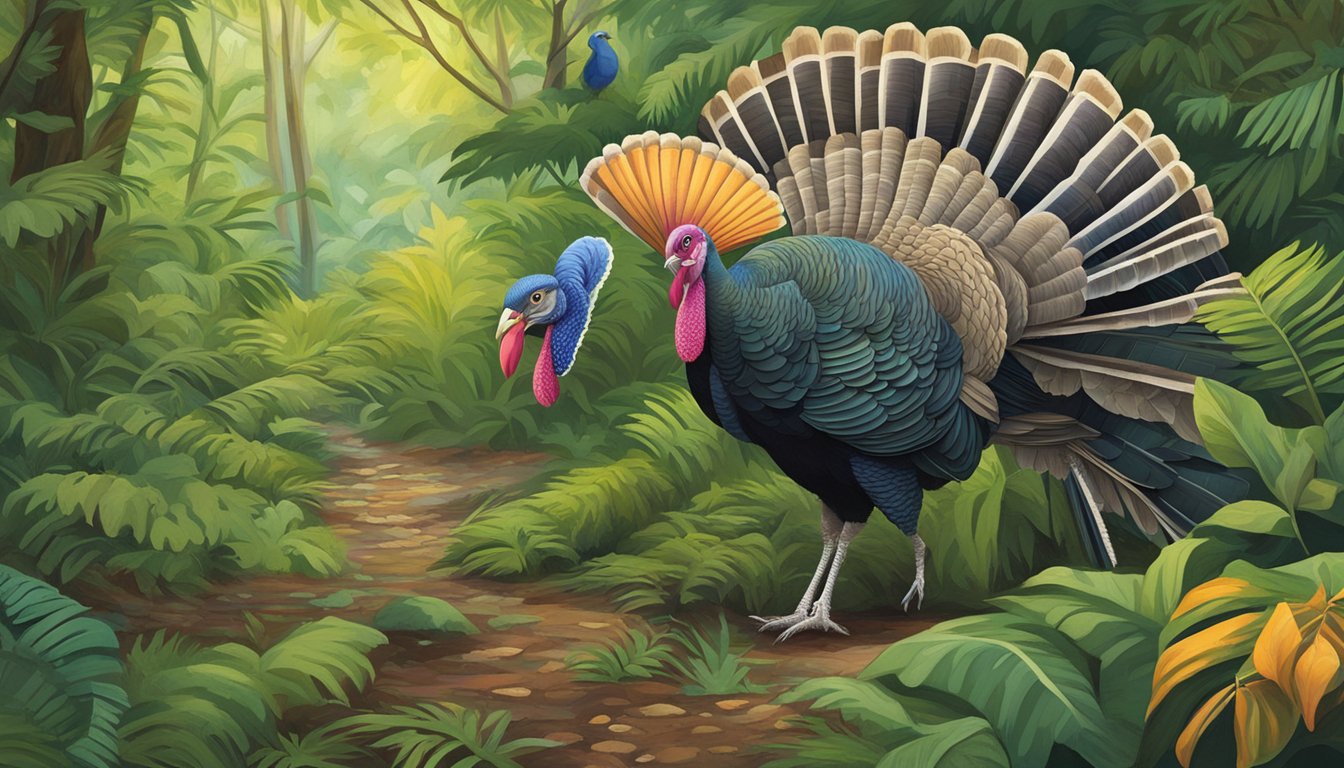 A turkey struts through a lush forest, its feathers ruffled as it searches for food. The vibrant flora of Puerto Rico provides a backdrop for the bird's natural behavior