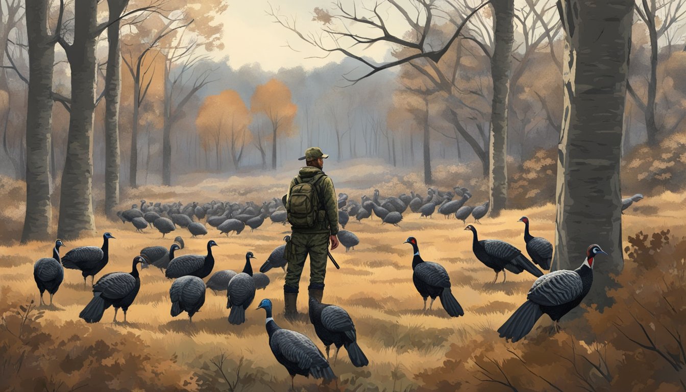 A hunter in camouflage stands in a wooded area, observing a flock of wild turkeys from a distance, with a focus on conservation and responsible hunting practices