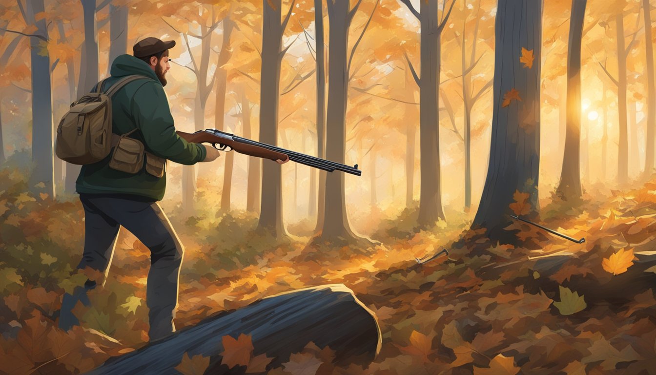 A hunter loading a shotgun in a wooded area, surrounded by fallen leaves and the early morning light filtering through the trees