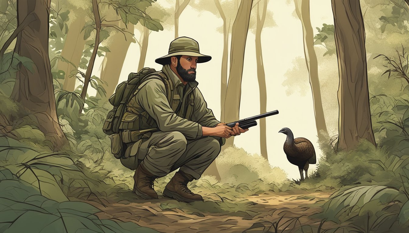 A hunter crouches in a forest, camouflaged in earthy tones. A turkey struts in the background, surrounded by lush vegetation