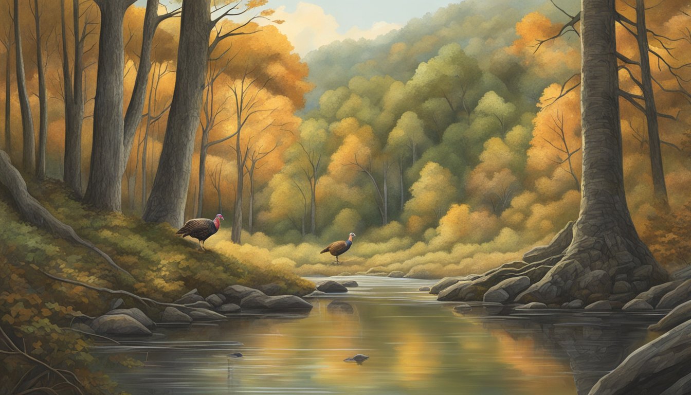 A dense forest in Tennessee, with rolling hills and a small creek. A turkey roosts in a tree while a hunter sets up a blind nearby