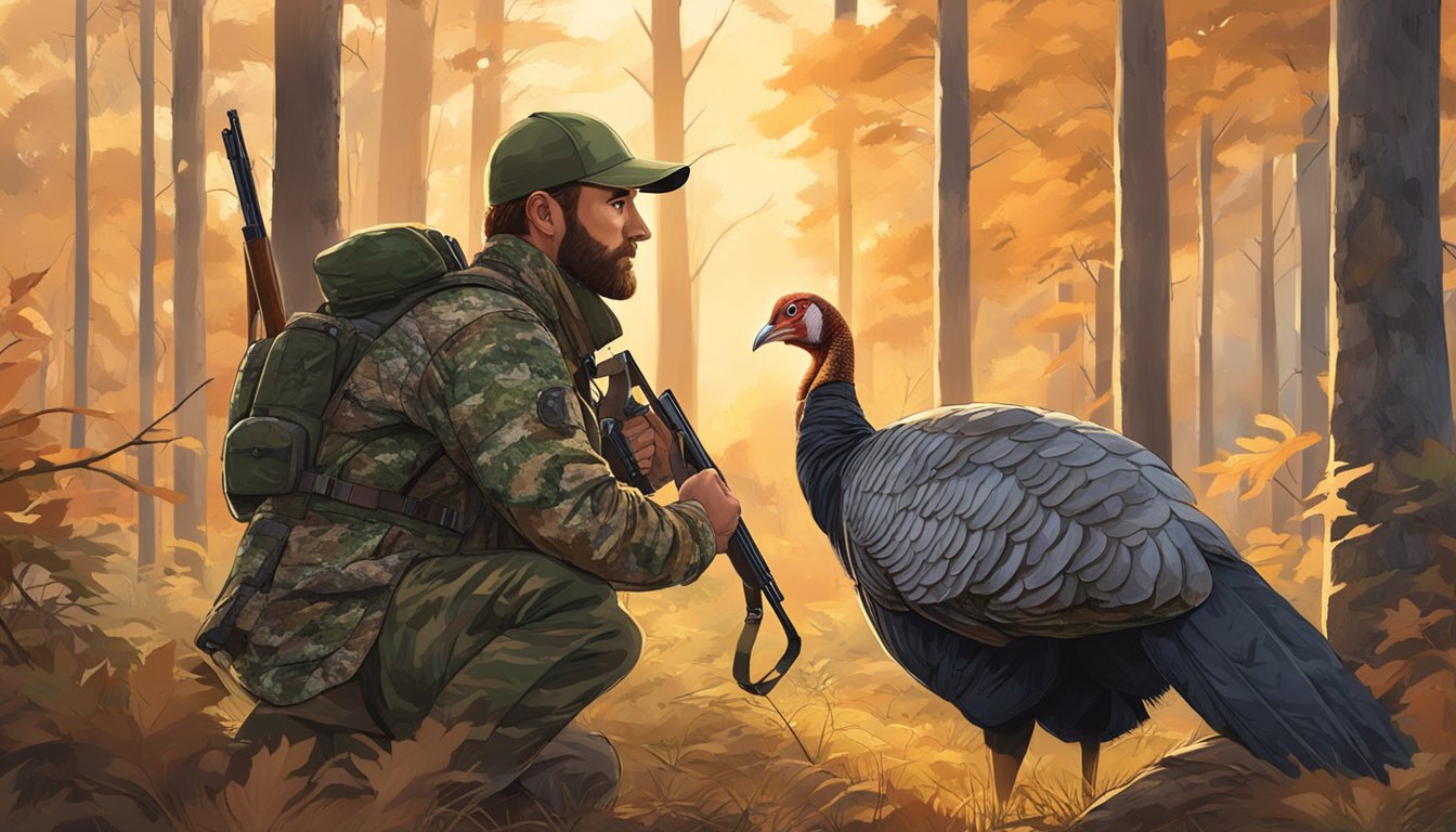 A hunter in camouflage aiming at a turkey in a forest clearing. The sun is setting, casting a warm glow on the scene