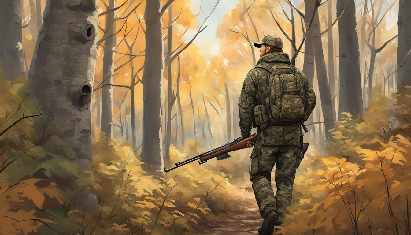 A hunter in camouflage navigating through a wooded area, carrying a shotgun and observing the surrounding environment for turkey hunting in Wisconsin