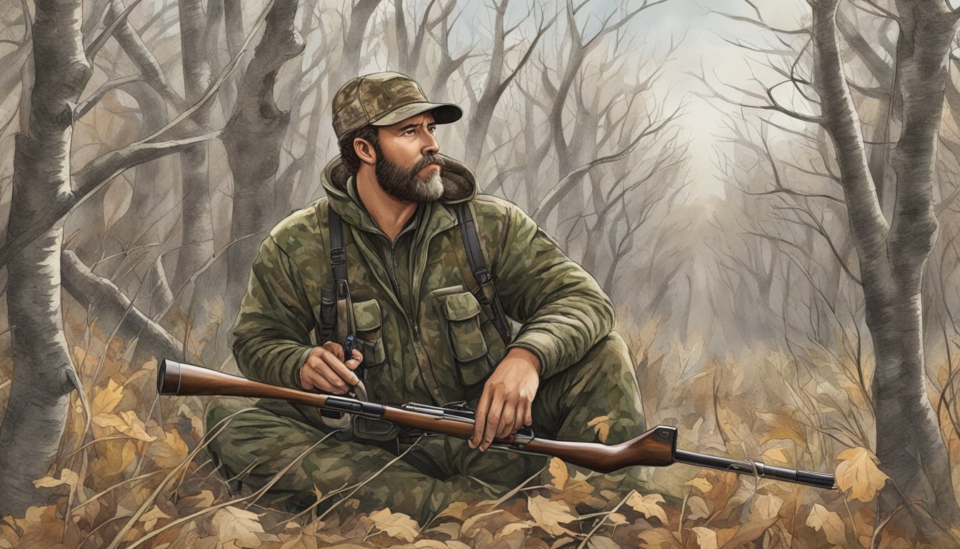 A hunter in a camouflaged blind, surrounded by trees and brush, holds a turkey call while waiting for a turkey to approach