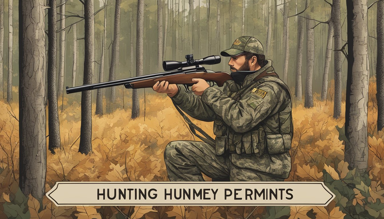 A hunter in camouflage holding a shotgun, surrounded by trees and a sign indicating "Hunting Regulations and Permits - Turkey Hunting South Dakota."