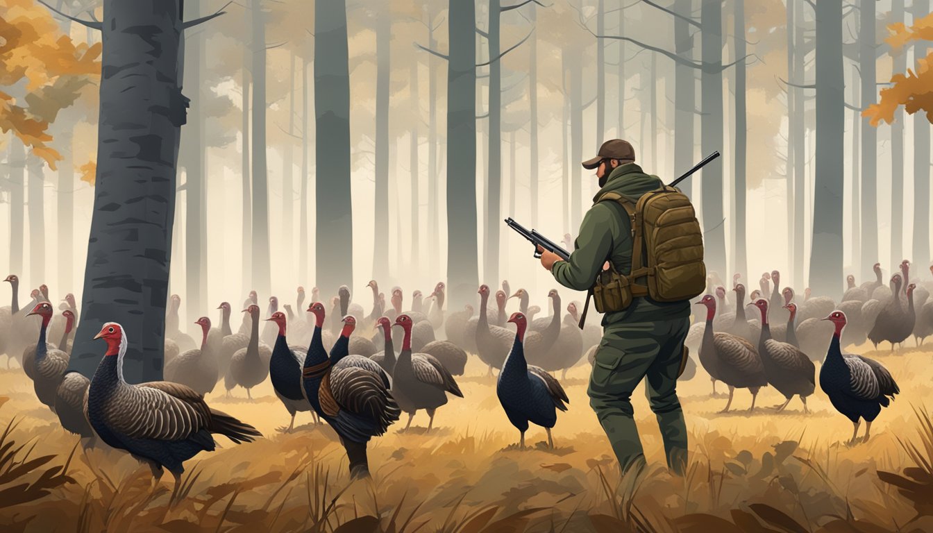 A camouflaged hunter aiming a shotgun at a group of turkeys in a forest clearing