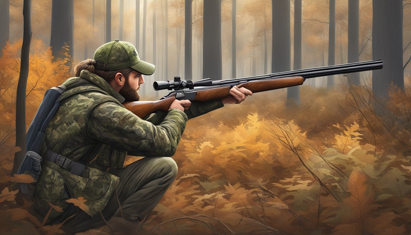 A hunter in camouflage aiming a shotgun at a wild turkey in a forest clearing in Wisconsin