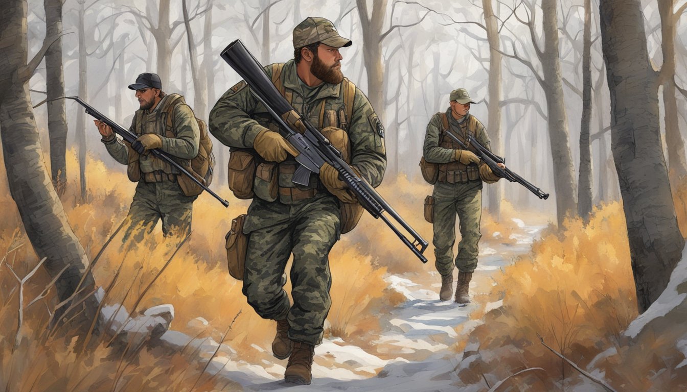 A group of hunters in camouflage gear trek through a wooded area in South Dakota, with shotguns at the ready, searching for wild turkeys