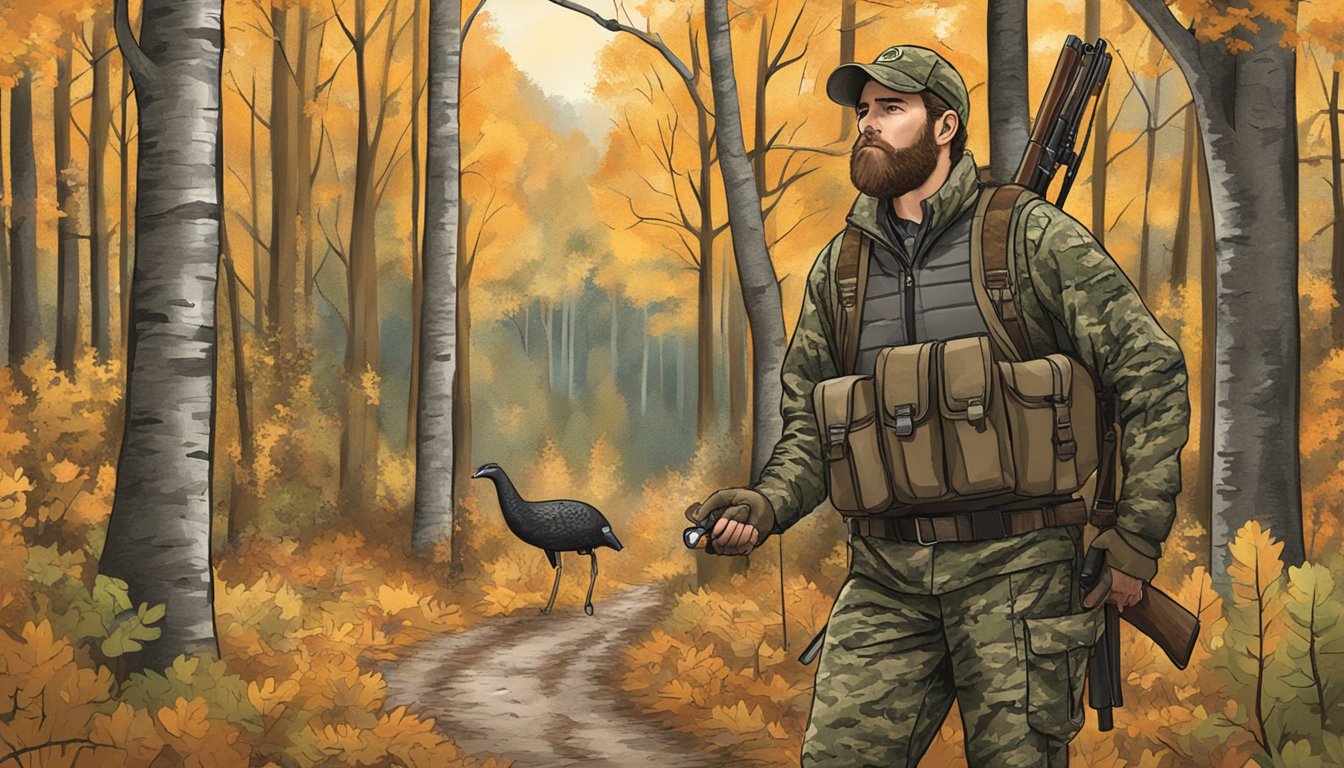 A hunter in camouflage, carrying a shotgun, stands in a wooded area with signage displaying Vermont turkey hunting regulations