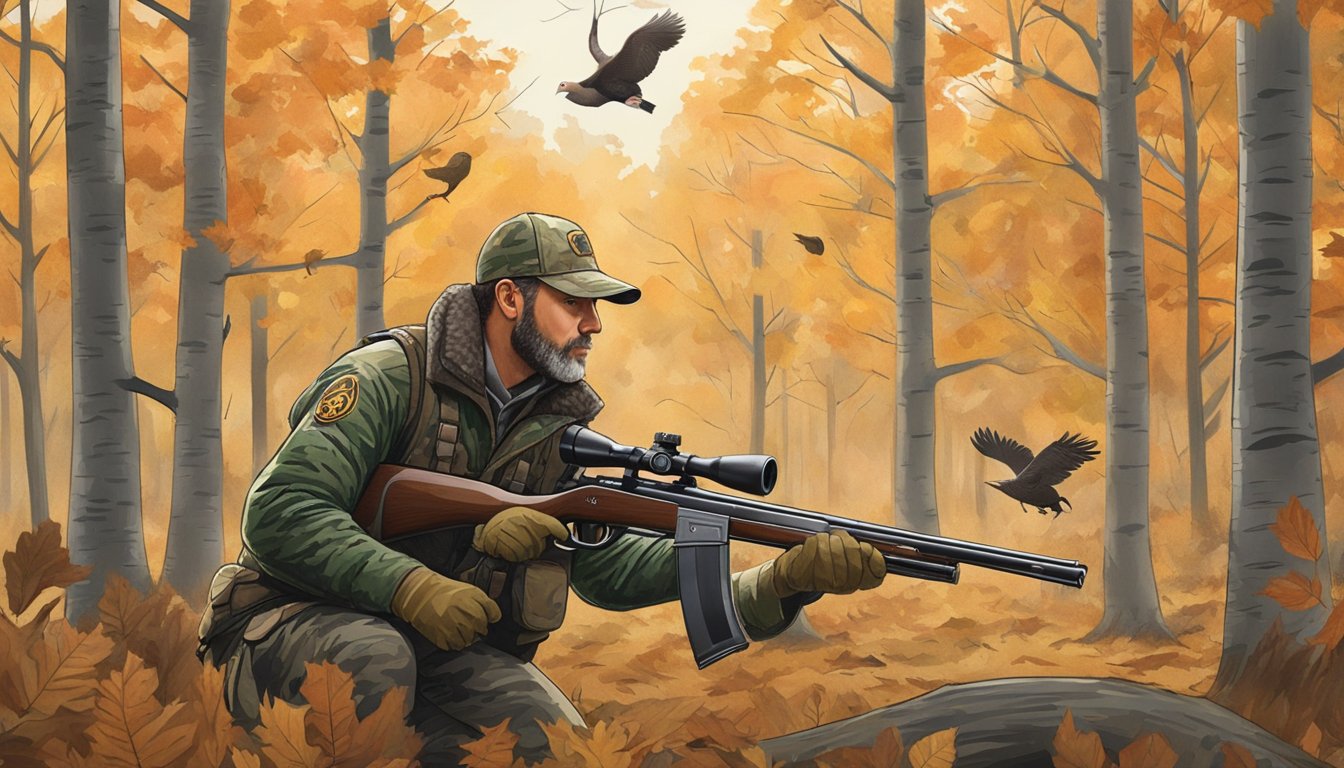 A hunter in camouflage aims a shotgun at a wild turkey in a Wisconsin forest clearing, surrounded by trees and fallen leaves