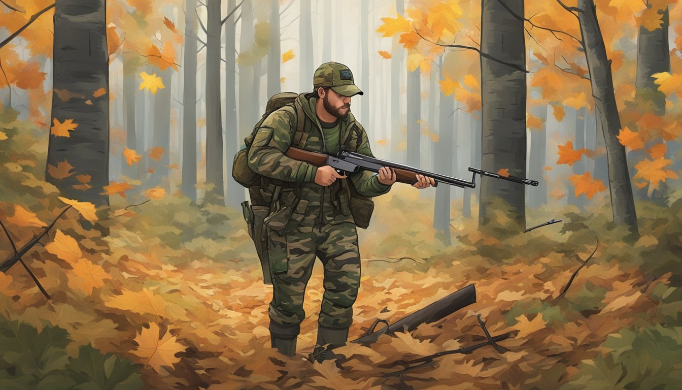 A hunter in camouflage gear stands with a shotgun in a wooded area of Vermont, surrounded by fallen leaves and tall trees