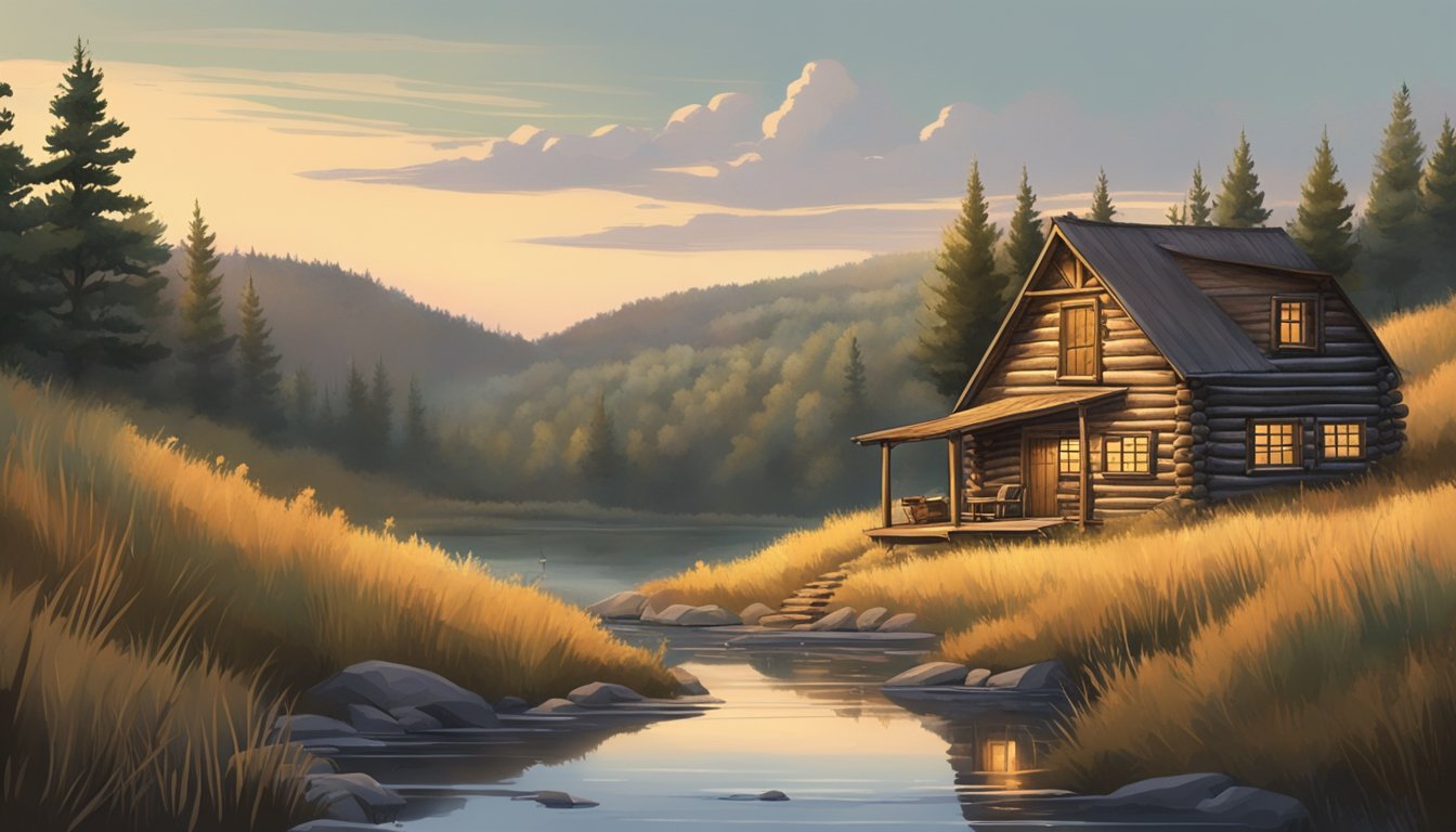 A hunter's cabin nestled in the rolling hills of South Dakota, surrounded by dense forest and a tranquil stream. A turkey call echoes in the distance