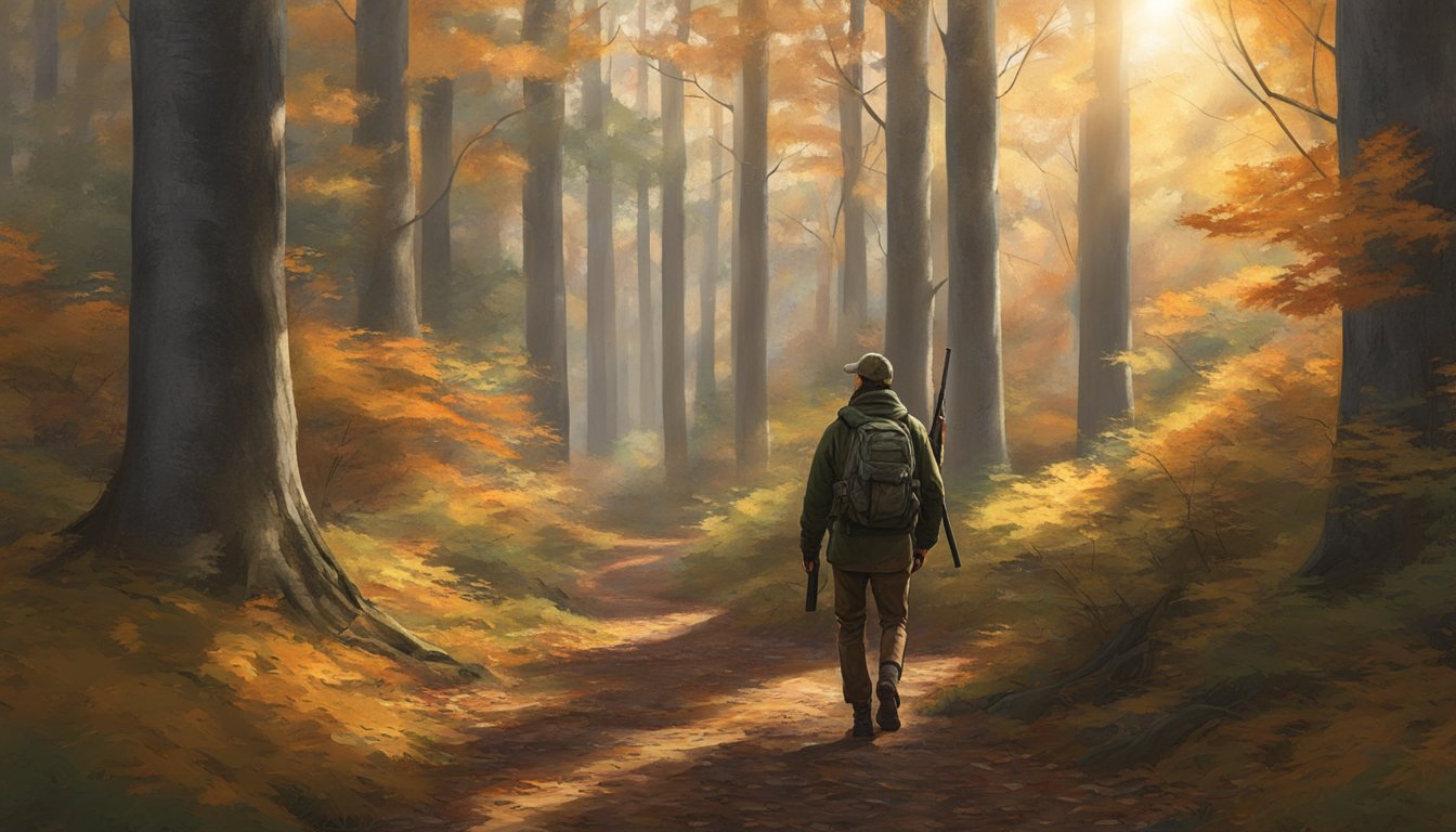 A hunter carrying a shotgun walks through a dense forest in Vermont, surrounded by tall trees and fallen leaves. The sun peeks through the branches, casting dappled light on the forest floor