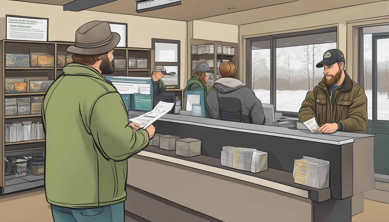 A hunter purchasing a turkey hunting license at a Vermont wildlife office counter