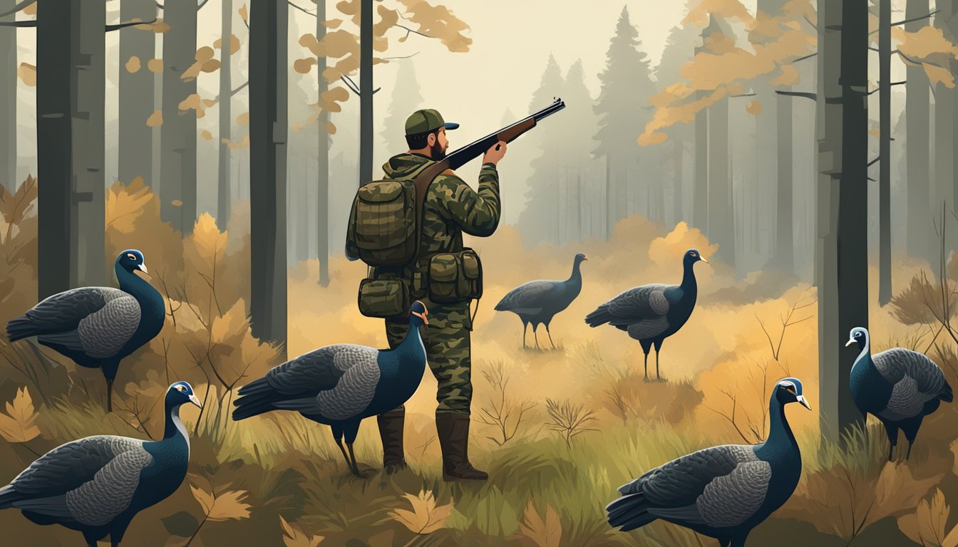 A hunter in camouflage stands in a forest clearing, with a shotgun and turkey decoys nearby. Signs display hunting regulations