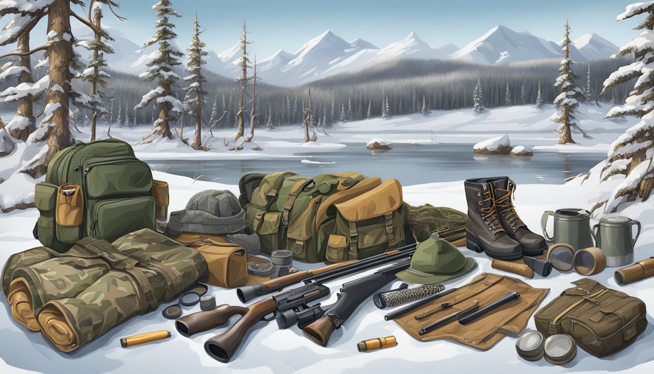 A hunter's gear and equipment scattered on a snowy Alaskan landscape. Guns, decoys, and camouflage clothing lay ready for a duck hunting expedition