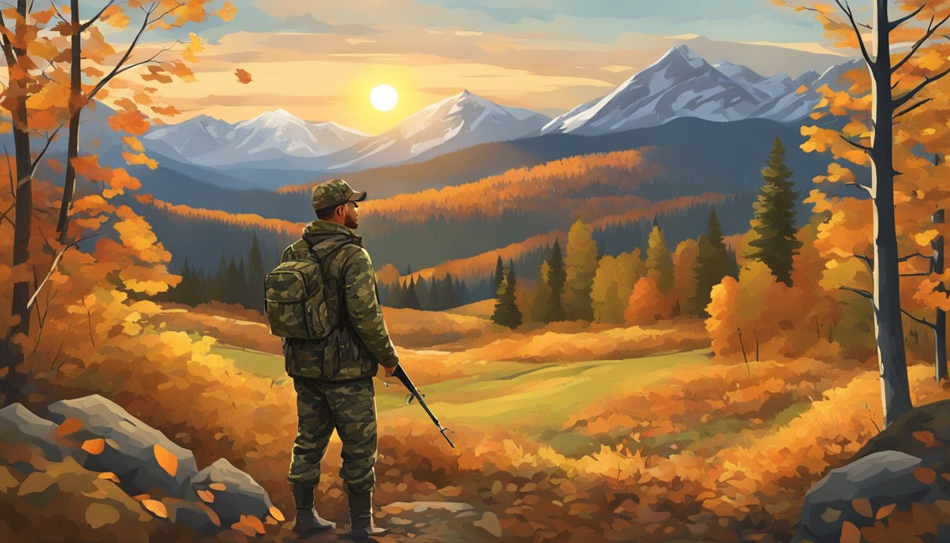 A hunter in camouflage waits in a forest clearing. Autumn leaves cover the ground as the sun sets behind the mountains