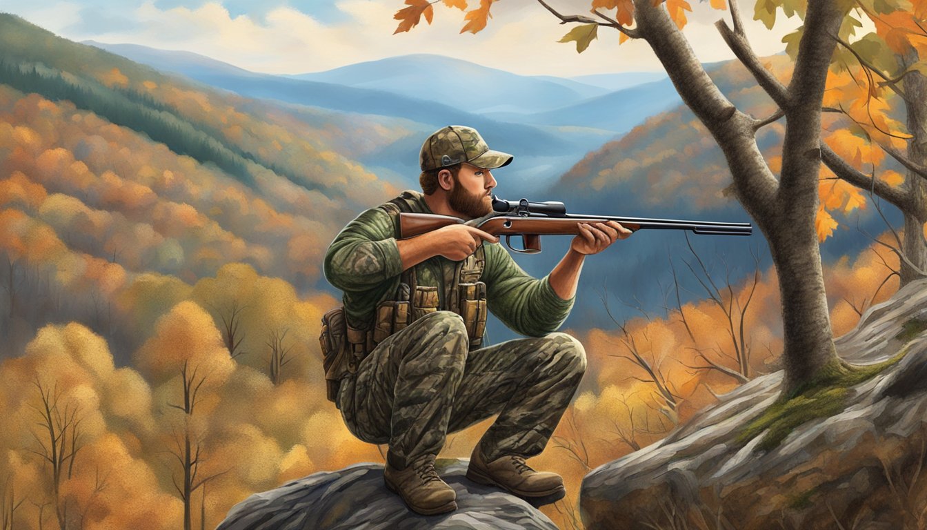 A hunter in camouflage with a shotgun and turkey calls, surrounded by forest and hills in West Virginia