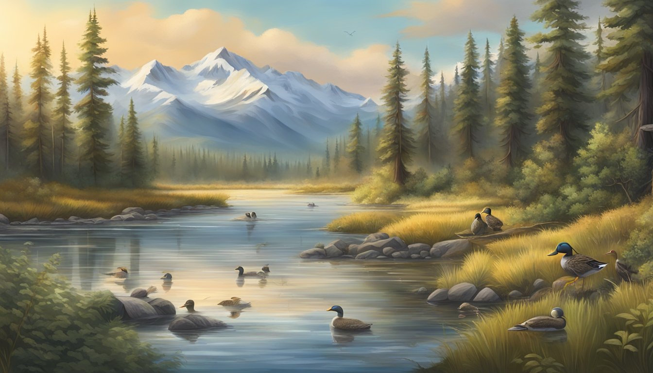 A serene Alaskan riverbank with a variety of wildlife, including ducks, and non-hunting activities such as fishing and birdwatching