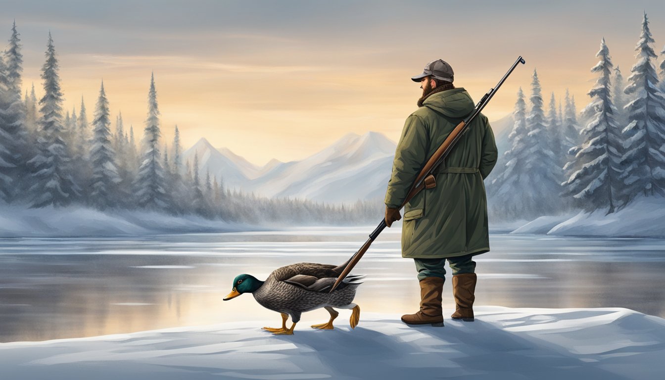 A lone duck hunter braving the Alaskan cold, bundled up in layers, standing by a frozen lake, with a shotgun raised and ready