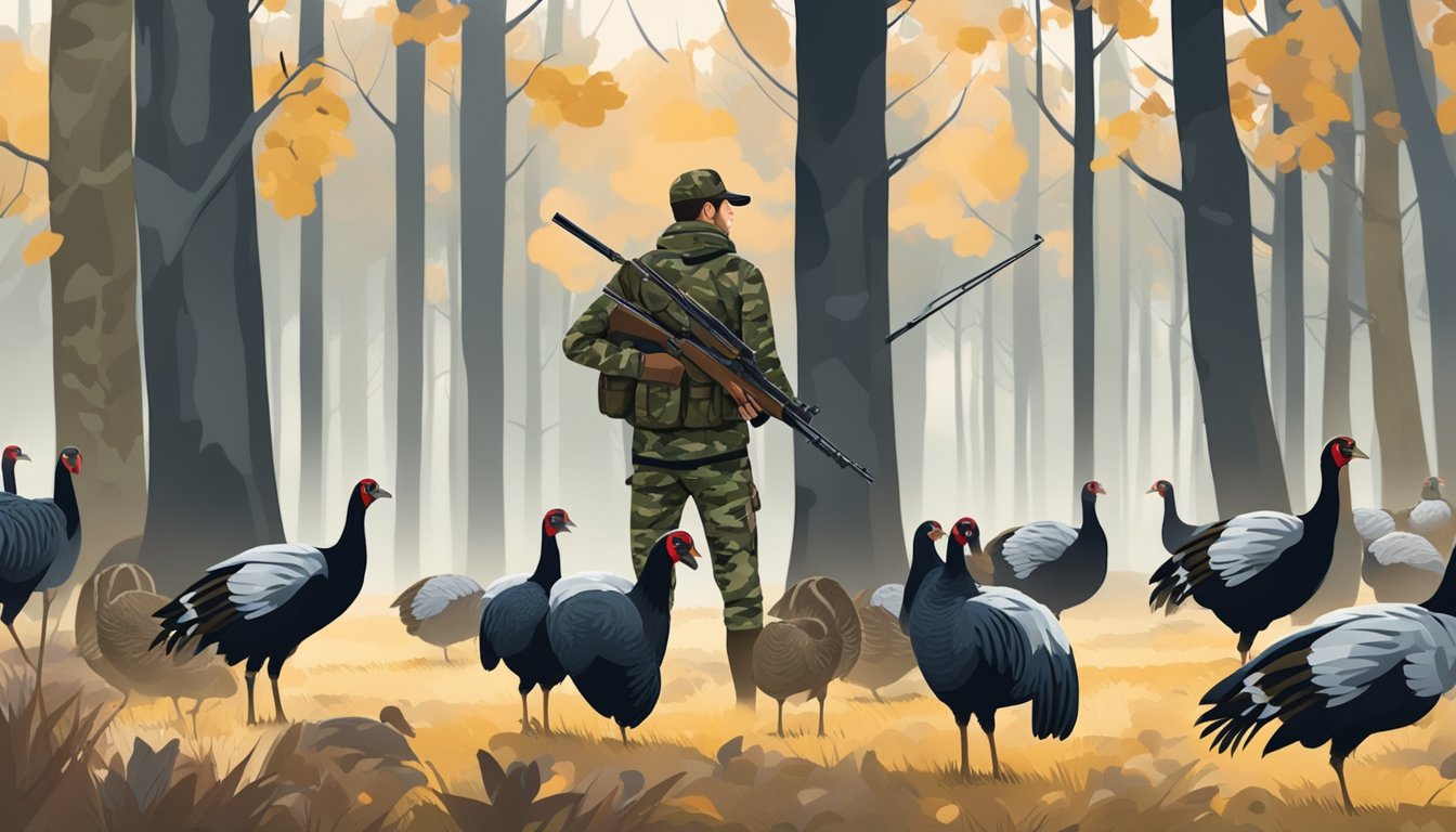 A hunter in camouflage waits in a blind near a forest clearing. A flock of turkeys peck at the ground, unaware of the impending hunt