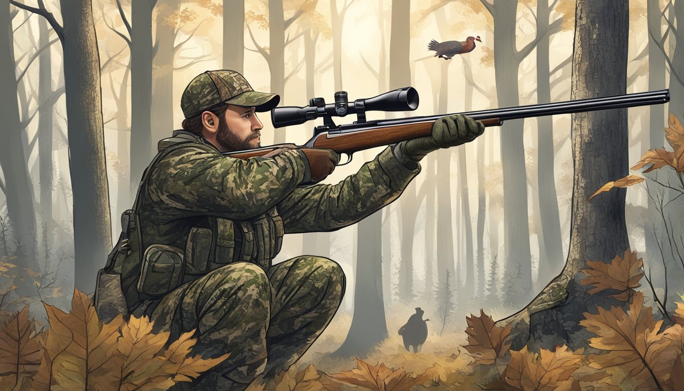 A hunter in camouflage aiming a shotgun at a wild turkey in a forest clearing in West Virginia, with a focus on ethical and conservation practices