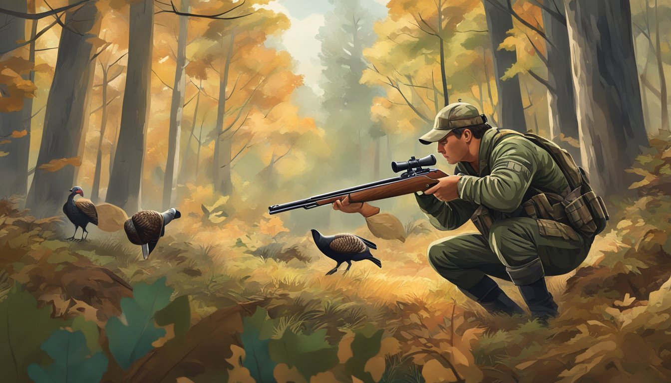 A hunter in camouflage aiming a shotgun at a turkey in a forest clearing. Surrounding trees and foliage