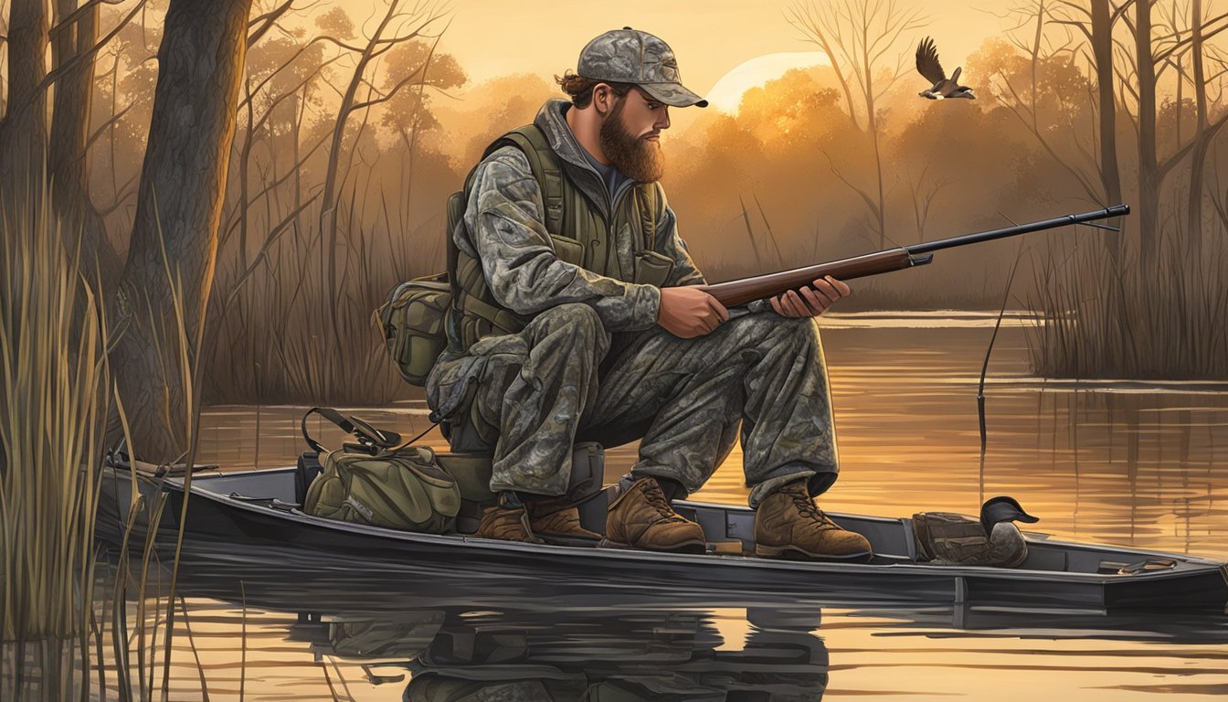 A duck hunter in Alabama checks his equipment before heading out at dawn