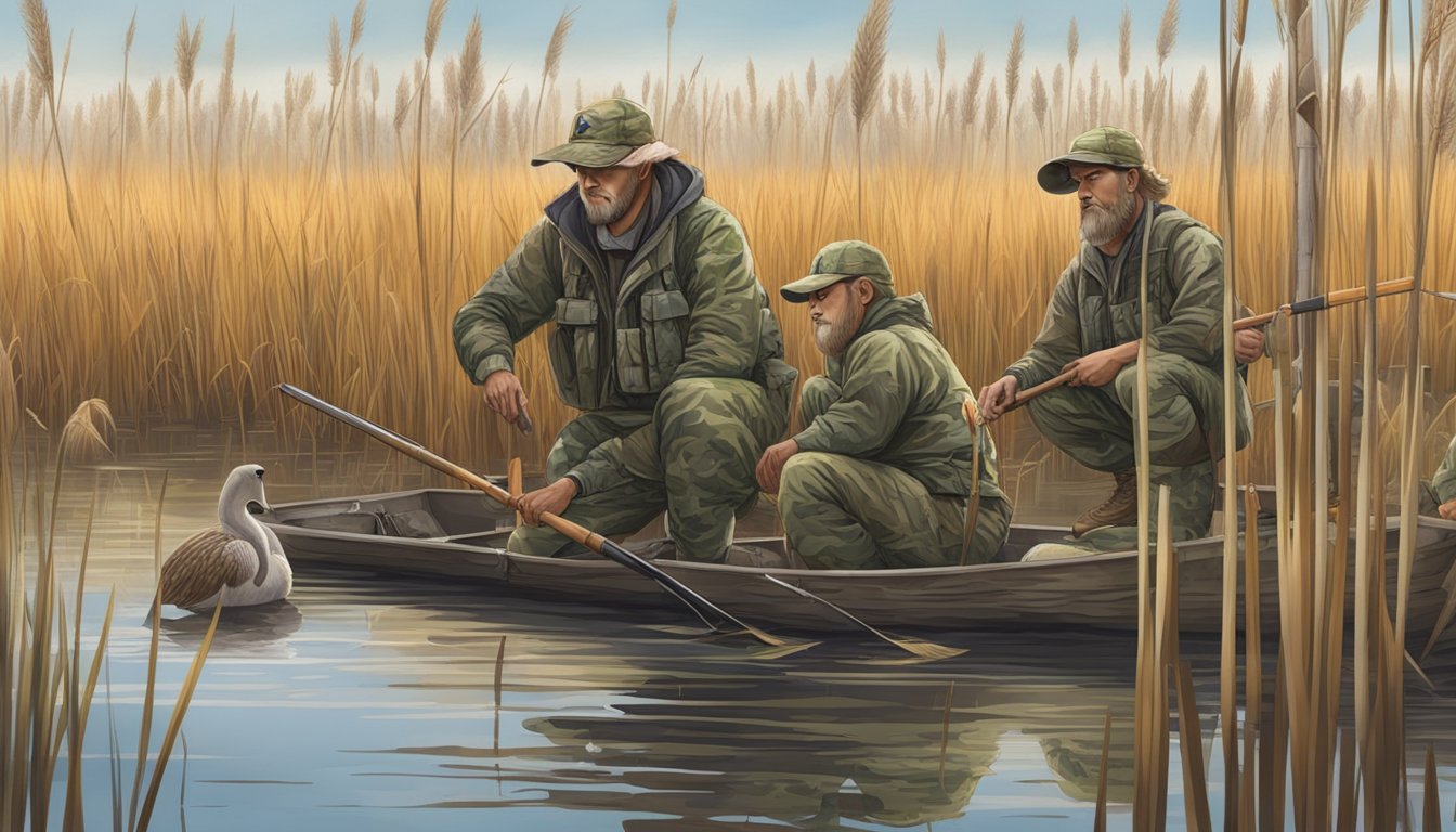 A group of hunters in camouflage gear setting up decoys in a marshy wetland, surrounded by tall reeds and cattails