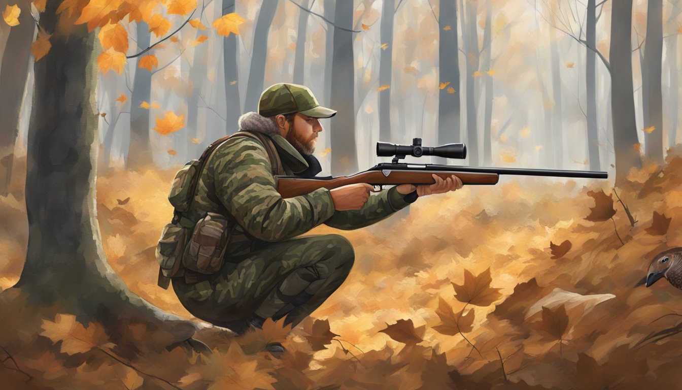 A hunter in camouflage aiming a shotgun at a turkey in a forest clearing. Fallen leaves and bare trees indicate late autumn in Washington