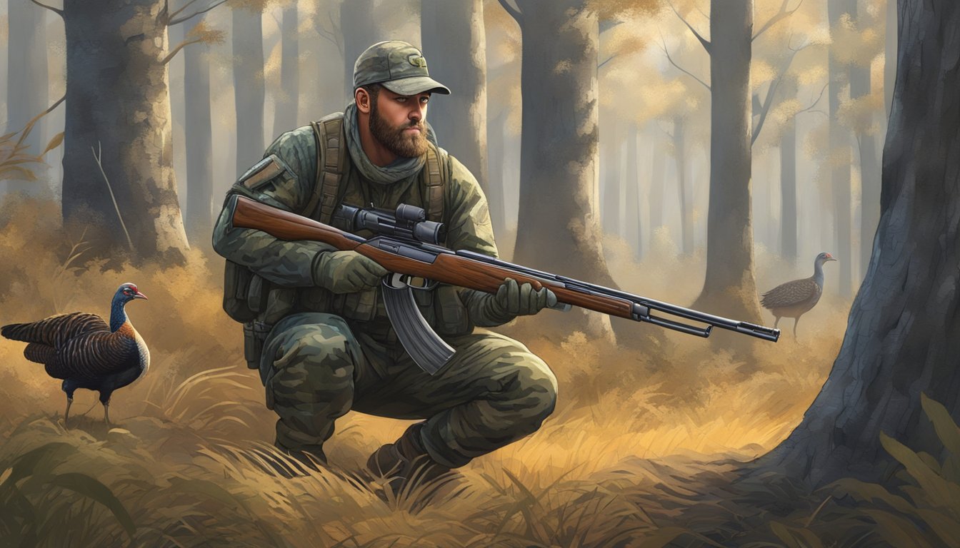 A hunter in camouflage gear crouches behind a tree, scanning the dense forest with a shotgun in hand. A flock of wild turkeys moves cautiously through the underbrush