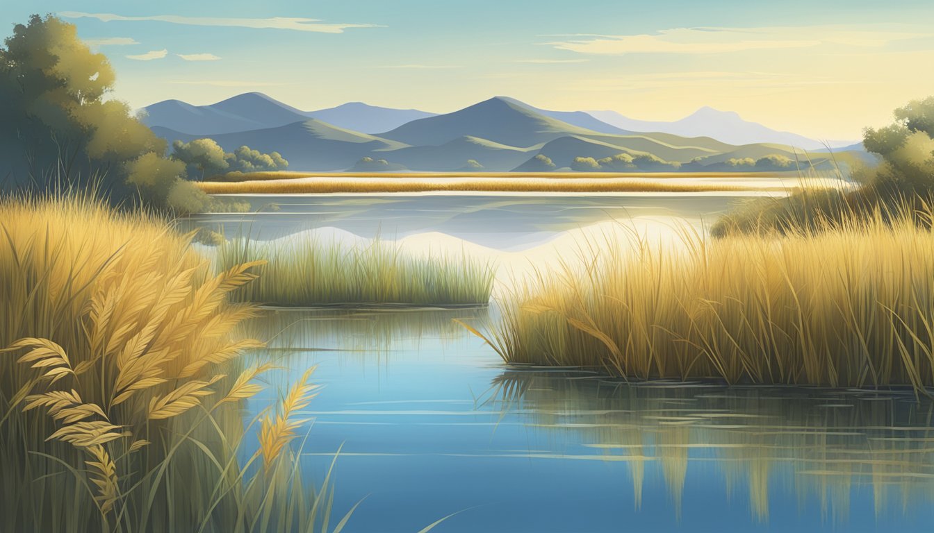 A serene wetland with tall grasses and calm waters, surrounded by golden hills under a clear blue sky