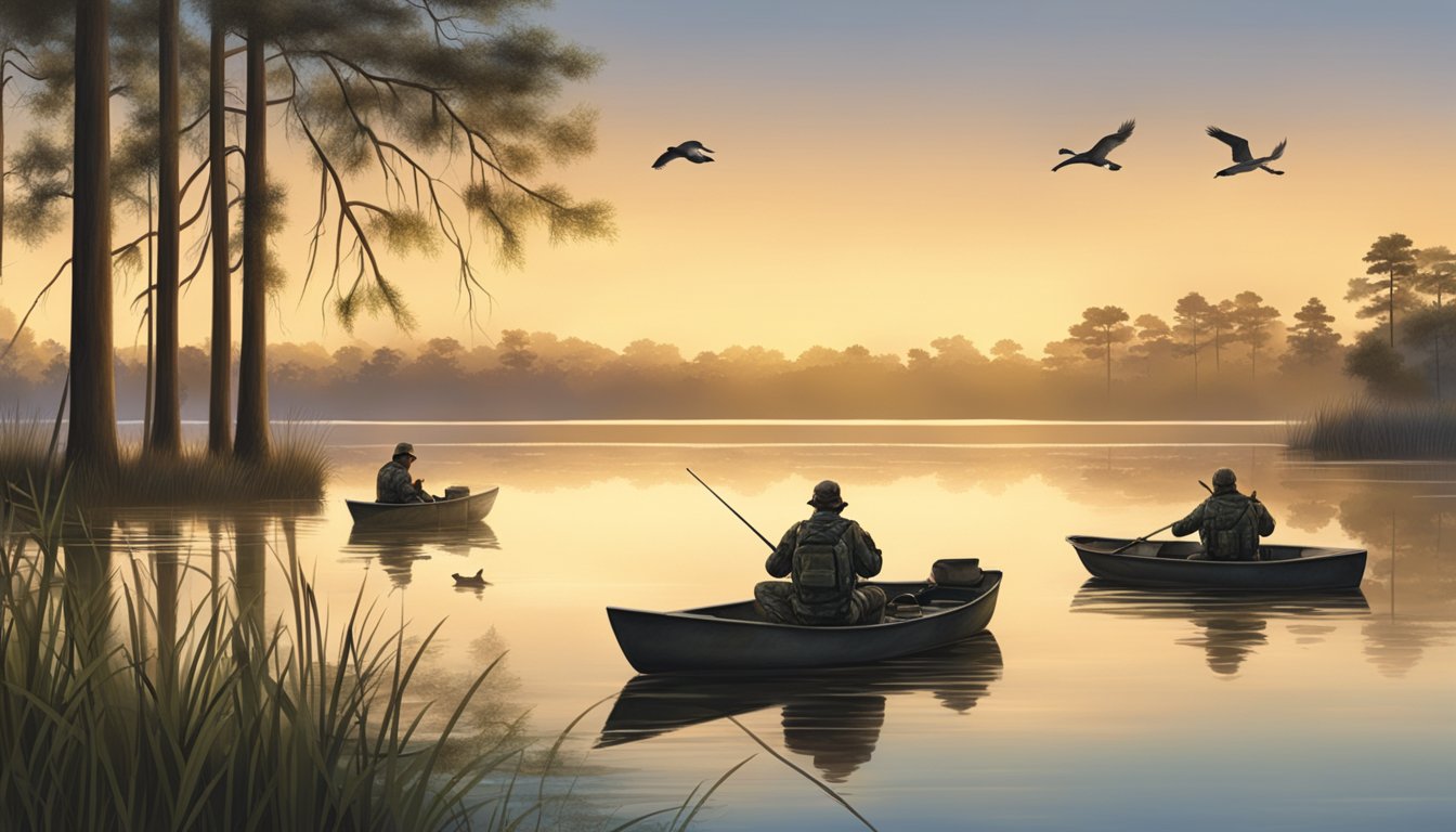 A serene lake at dawn, surrounded by tall grass and cypress trees. A group of hunters in camouflage gear prepares their decoys and calls for duck hunting in Alabama