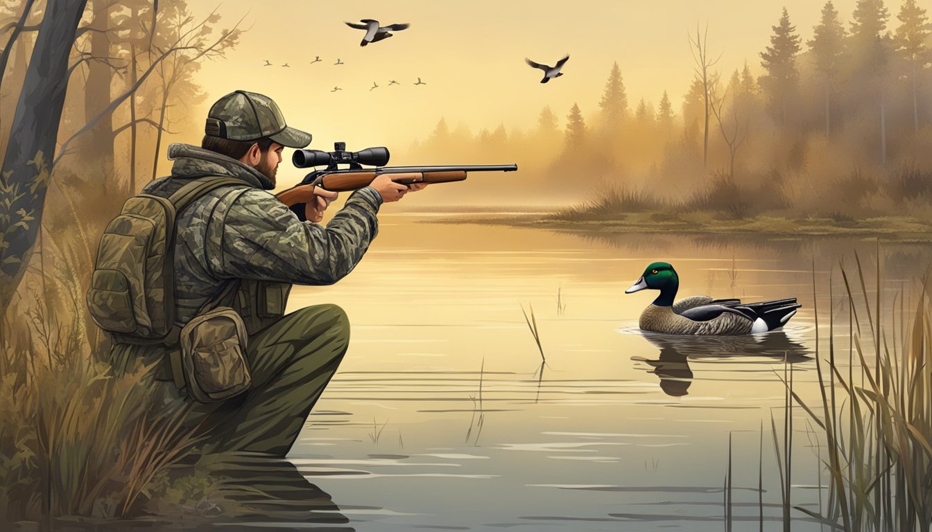 A hunter in camouflage aiming at a duck in a wetland