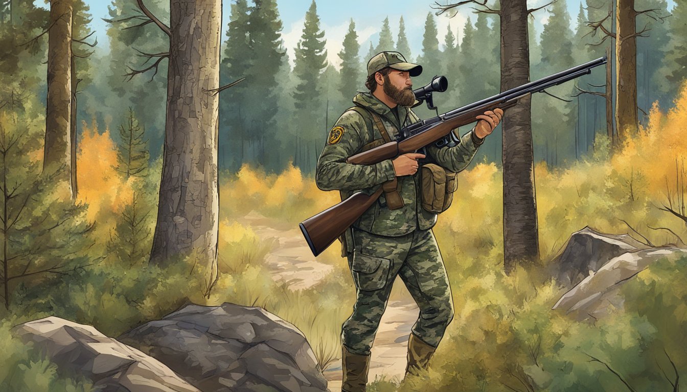 A hunter in camouflage gear holds a shotgun, surrounded by trees and bushes in a Wyoming forest. A sign nearby displays hunting regulations