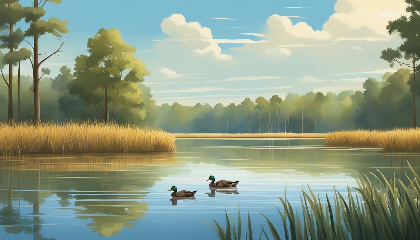 A group of ducks swimming in a serene Arkansas wetland, surrounded by tall grasses and cattails. Tall trees and a clear blue sky are visible in the background