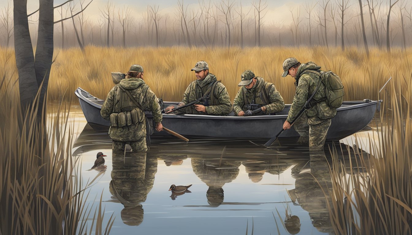 A group of hunters in camouflage gear setting up decoys in a marshy wetland in Delaware for a conservation-focused duck hunting excursion