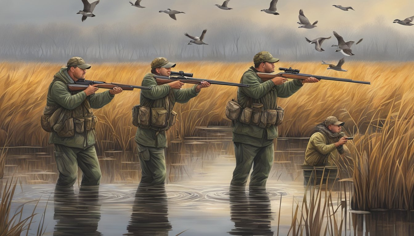 A group of hunters in camouflage gear aiming shotguns at flying ducks over a marshy wetland in Delaware