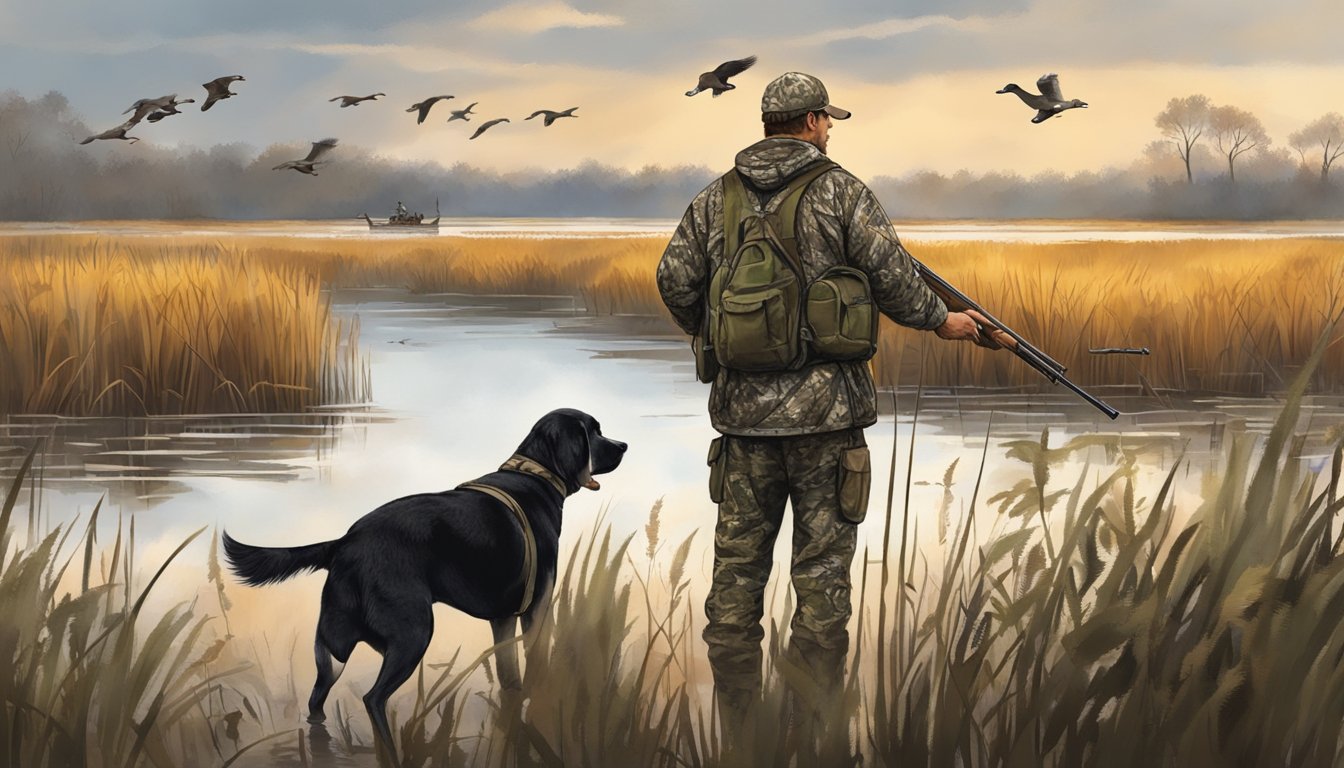 A hunter in camouflage aims at ducks flying over a marsh in Arkansas, with a hunting dog nearby