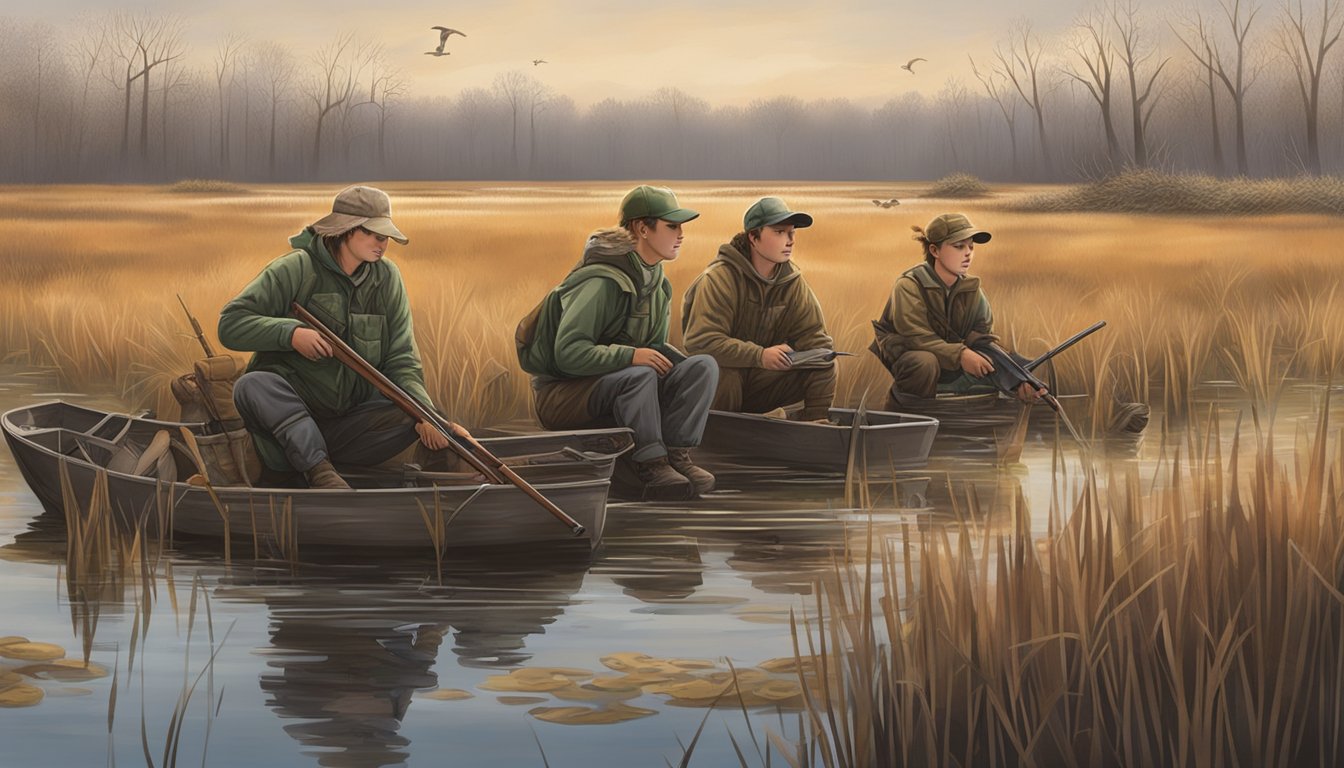 A group of young hunters set up decoys in a marshy wetland, waiting for ducks to fly in for the novice hunting opportunities in Delaware