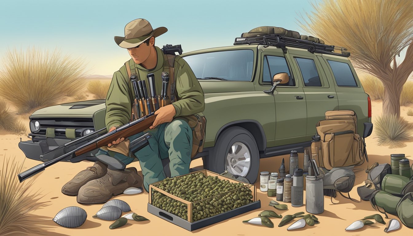 A hunter loads shells into a shotgun beside decoys and camouflage gear in the desert before a duck hunting excursion in Arizona