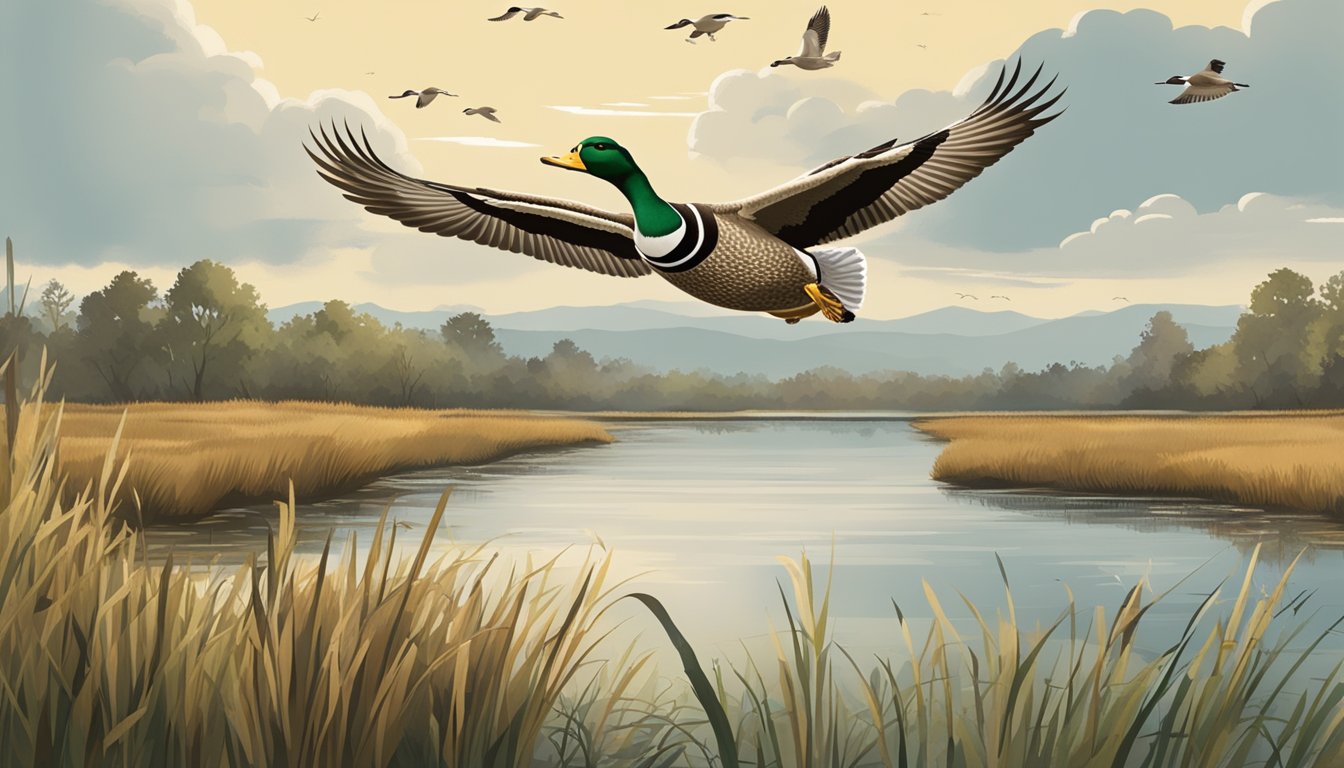 Ducks flying over a marsh with a sign indicating hunting regulations in Georgia