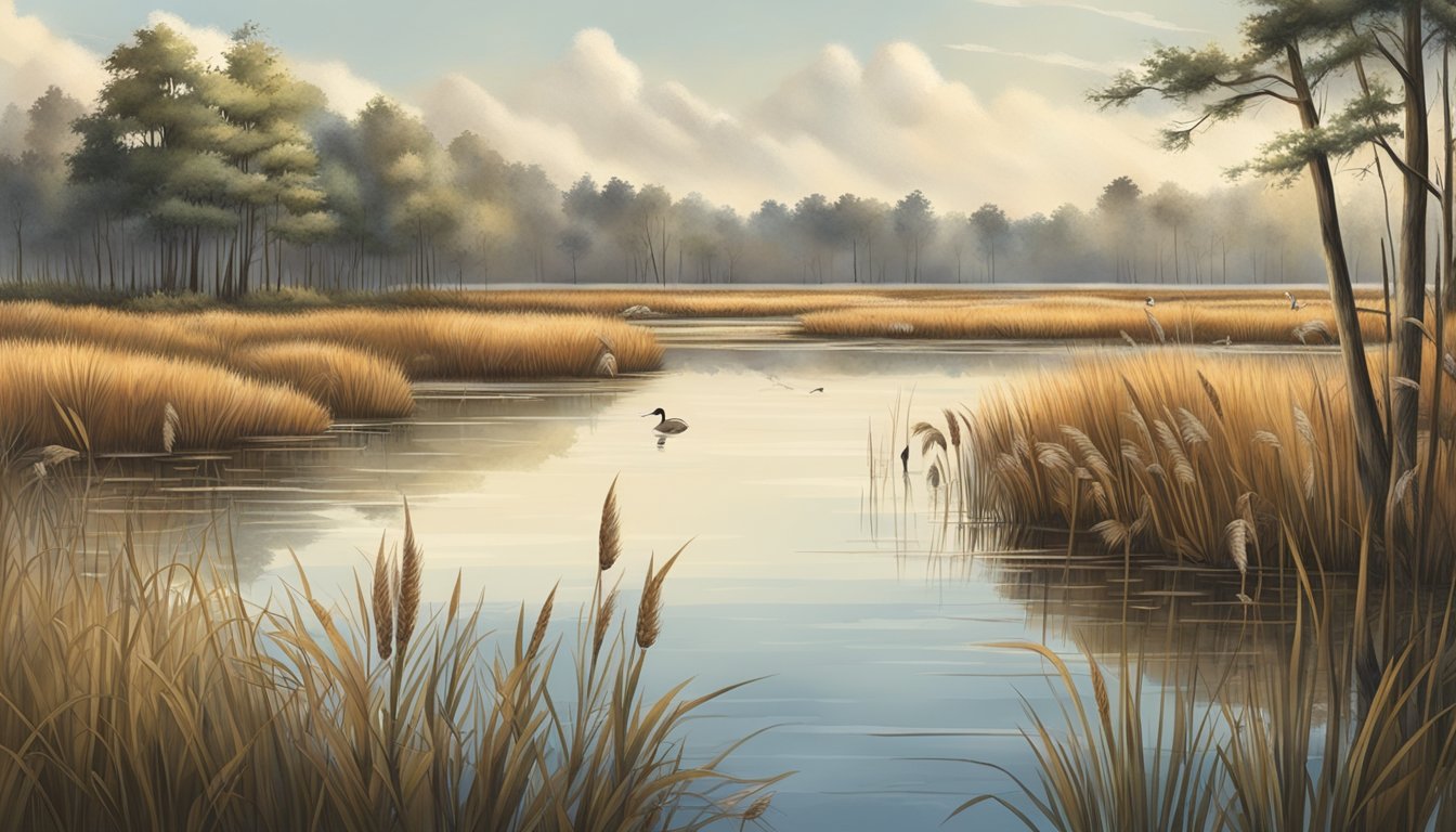 A marshy wetland in Georgia, with tall grasses and cattails, where ducks fly low over the water, and hunters hide in blinds