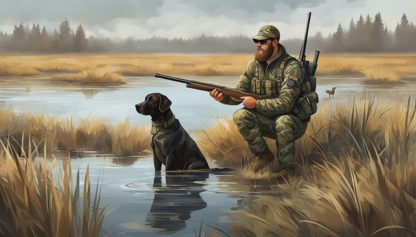 A hunter in camouflage with a shotgun in a marshland with a dog