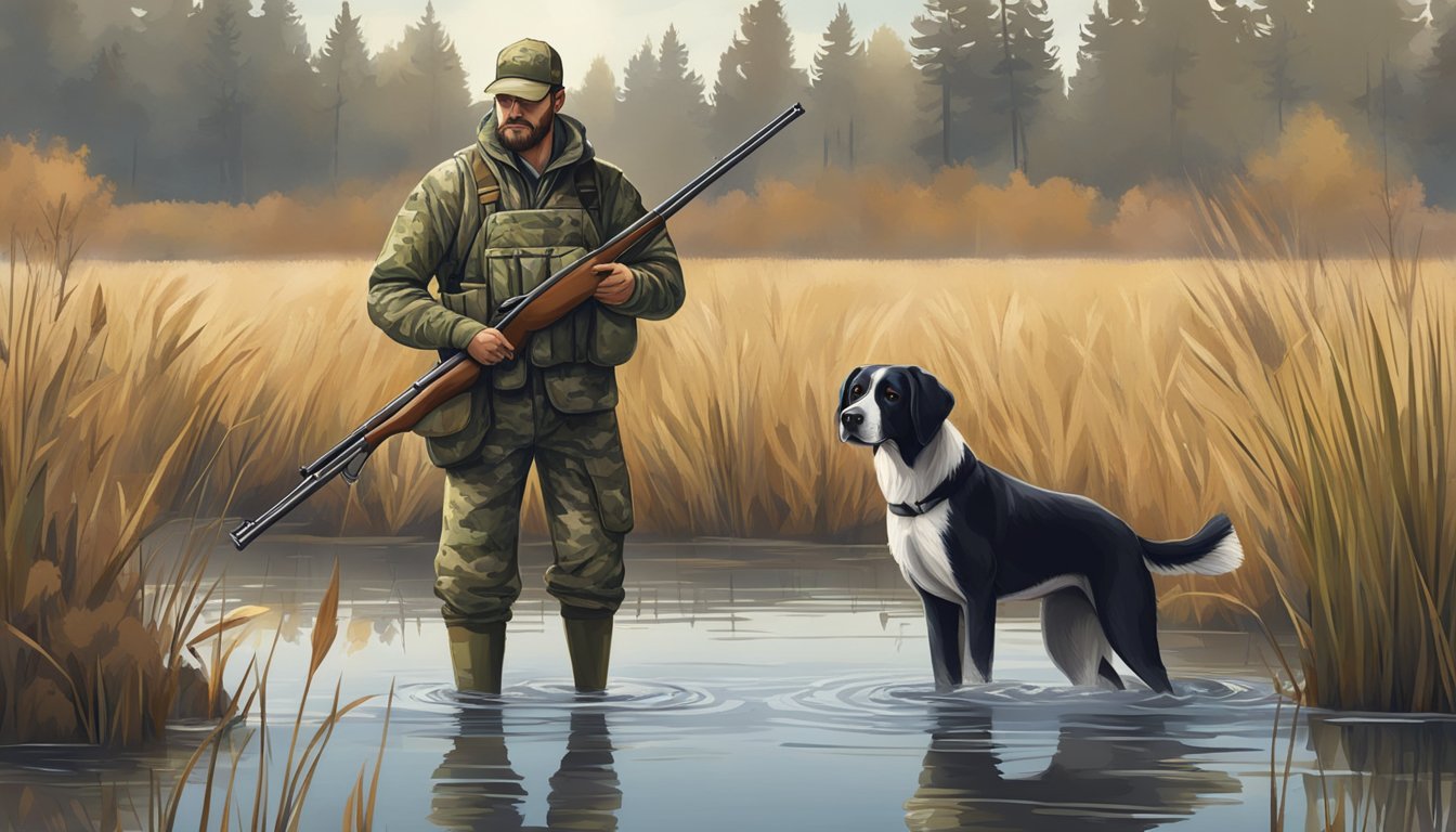 A hunter in camouflage waders stands in a marsh, holding a shotgun and surrounded by decoys and a hunting dog