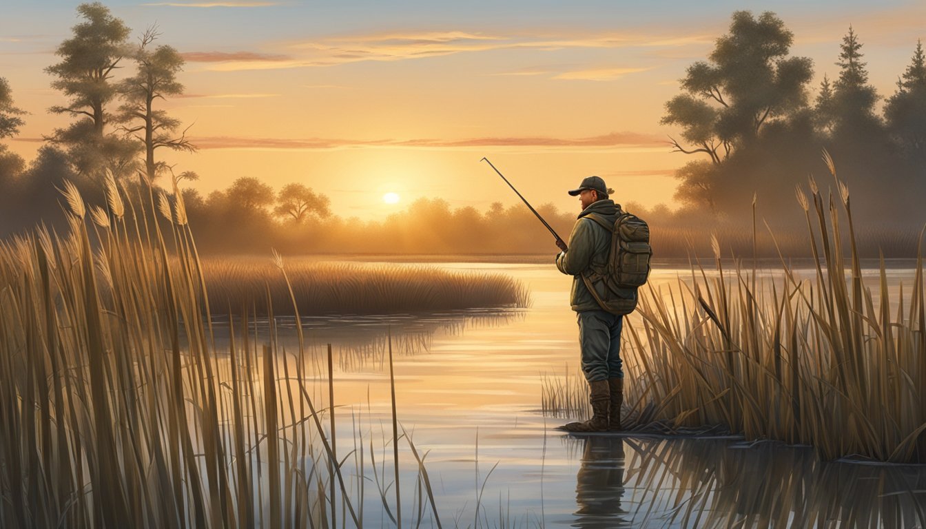 A hunter stands in a marshy wetland, surrounded by tall reeds and calm waters. The early morning sun casts a warm glow over the scene, as the hunter prepares their equipment for a day of duck hunting in Connecticut